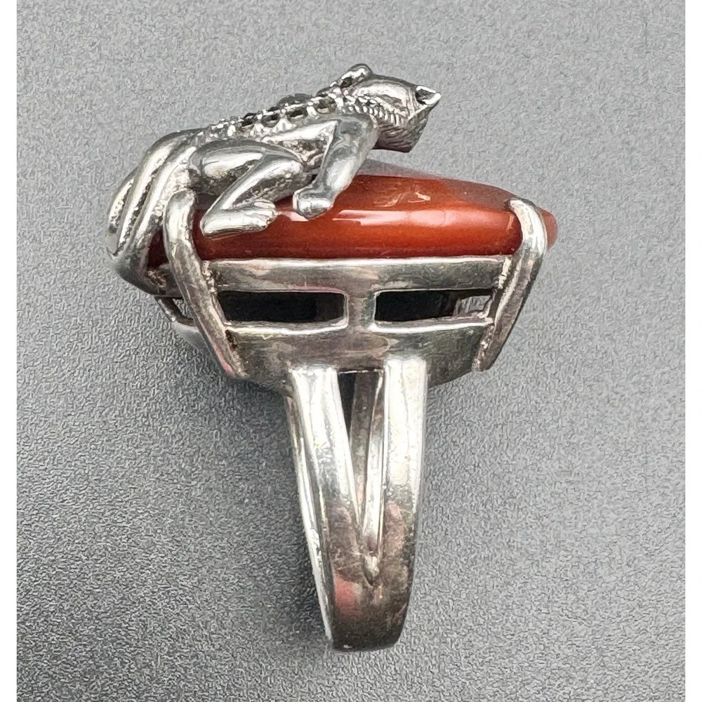 Sterling Silver Panther Carnelian Ring Size 8.5 Marcasite Art Deco Style 18.9 gm
